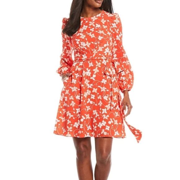 ELIZA J Tie Waist Floral Print Crew Neck 3/4 Sleeve A-Line Pebble Crepe Dress - Picture 1 of 8